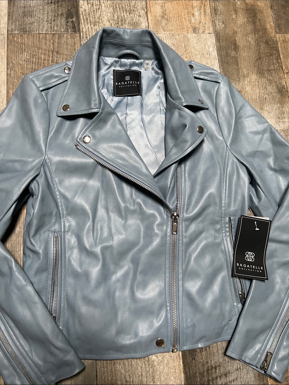 bagatelle Light Blue Faux Leather Moto Jacket with Asymmetrical Zip